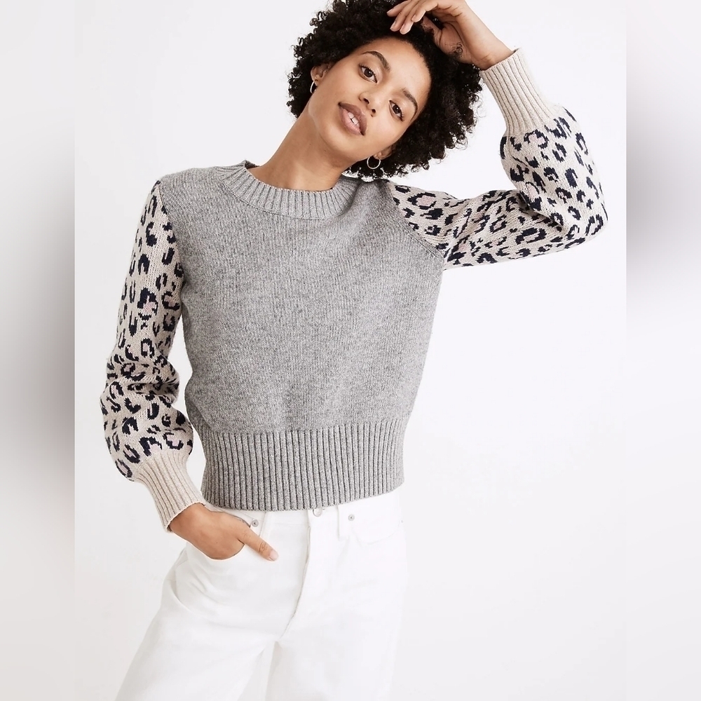 Madewell Leopard-Sleeve Tensley Pullover Sweater in Cotton-Merino Yarn Small